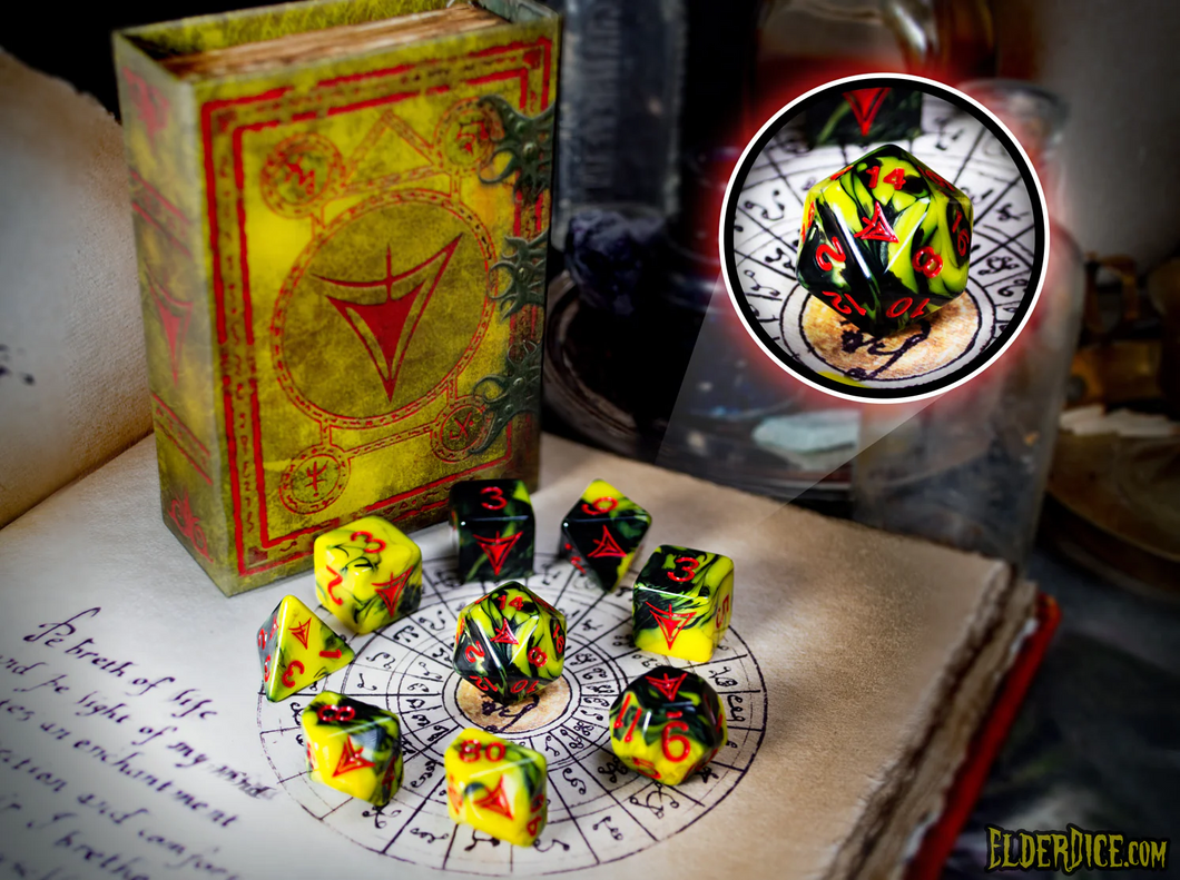Elder Dice : 9 Polyhedral Dice + Matching Magnetic Spellbook Box - Yellow Sign of Hastur