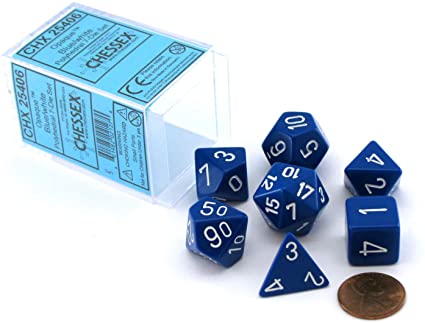 Borealis Blue Opaque Dice with White Numbers 16mm (5/8in) Set of 7 Dice